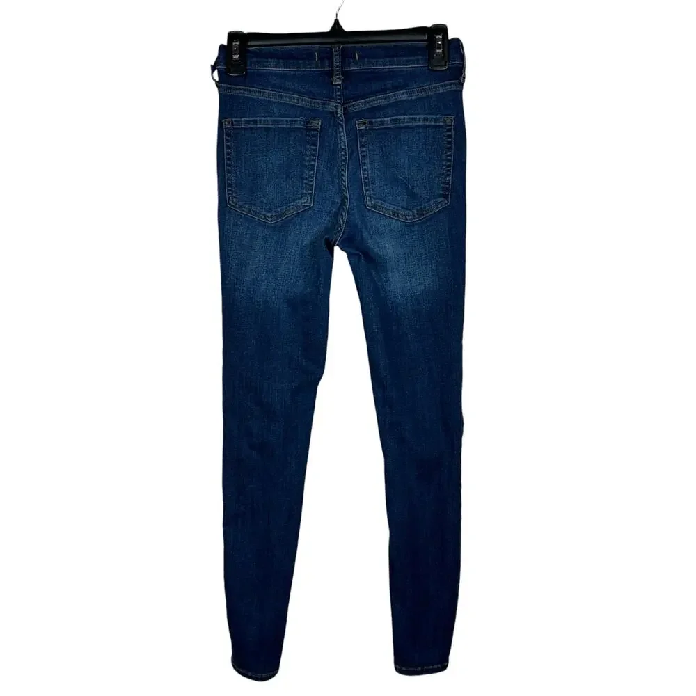 Free People SZ W25 Skinny Jeans Distressed Rips Mid-Rise Stretch Zip-Fly Blue